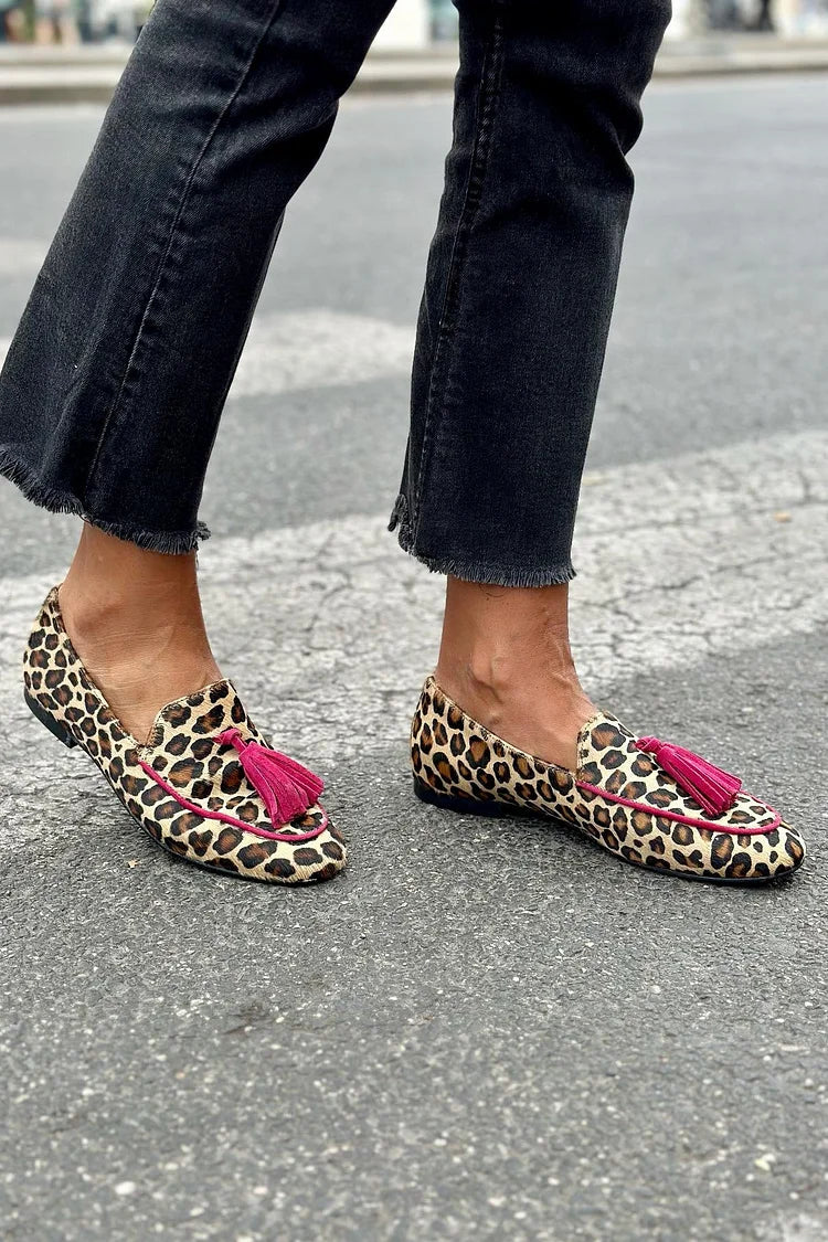 Édith | Mocassin à imprimé animal avec franges fuchsia