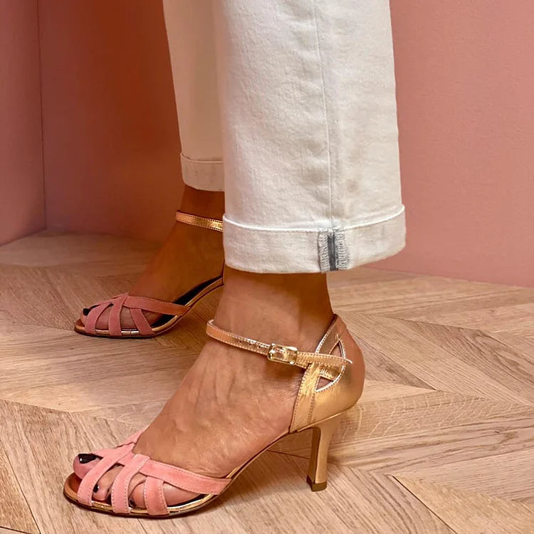 Serena | Sandales à talons mi-hauts en pêche à bandoulière