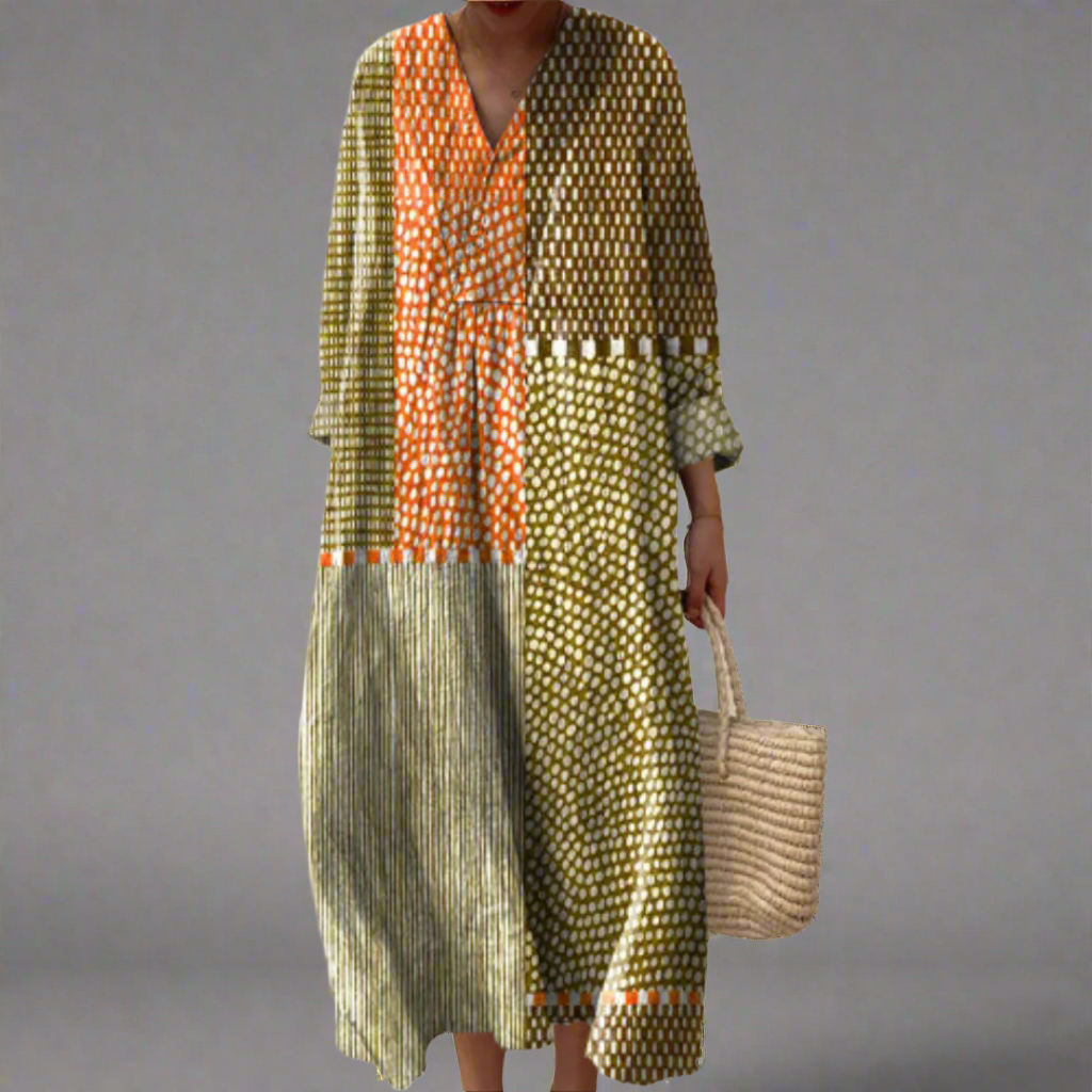 Vivienne | Robe midi à patchwork terreux à pois