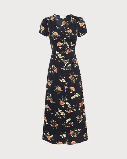 Astrid | Robe mi-longue noire à fleurs