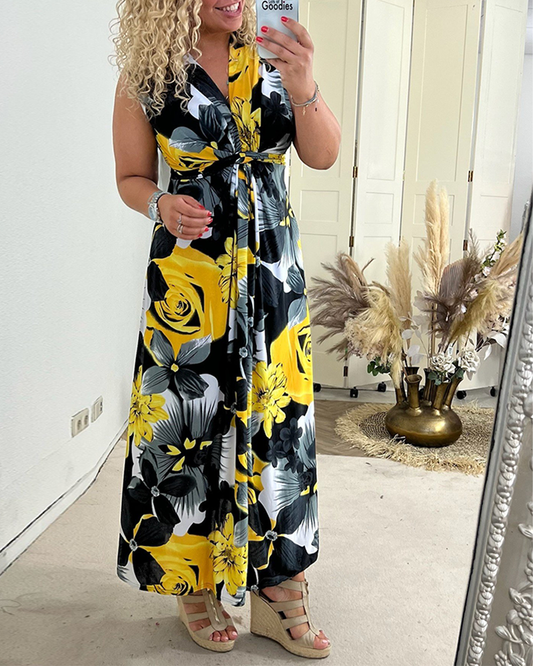Svea | Robe sans manches et dos avec fronces et imprimé floral