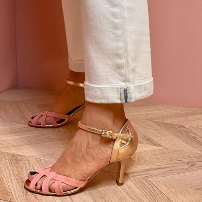 Serena | Sandales à talons mi-hauts en pêche à bandoulière