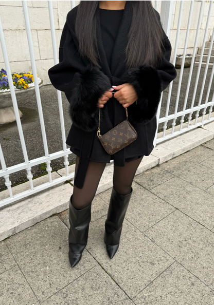 MANTEAU EN LAINE avec FOURRURE - NOIR