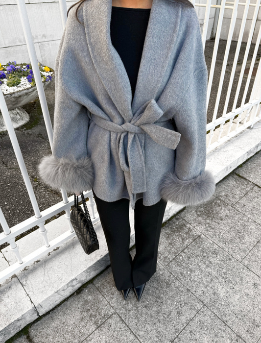 MANTEAU EN LAINE AVEC FOURRURE - GRIS PIERRE