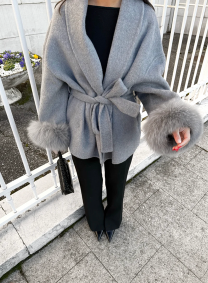 MANTEAU EN LAINE AVEC FOURRURE - GRIS PIERRE