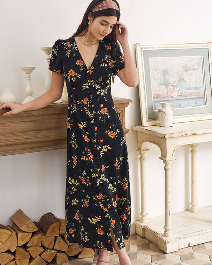 Astrid | Robe mi-longue noire à fleurs