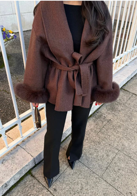 MANTEAU EN LAINE AVEC FOURRURE - MOCCA